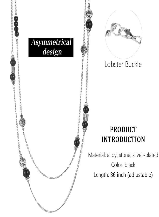 BULINLIN Layered Silver Long Necklace for Women Turquoise Stone Beaded Strand Sweater Chain Necklaces Fashion Costume Jewelry Gifts for Mom(Black) - Image 5